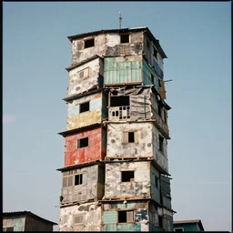 a tower made up of makeshift squatter shacks with bleached colours, mamiya, 8 5 mm, f 1. 7, uniform plain sky, light leaks, digital glitches, photographed by richard avedon