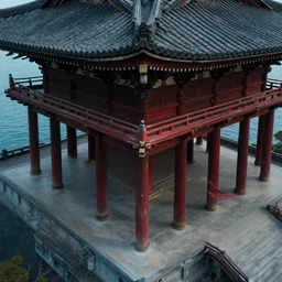 A ancient Japanese architectural building with dark-red  columns under the sea, 8k, very high detailed, cinematic, overhead shot, intricate