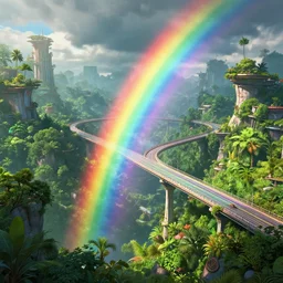 incredible, mindblowing beautiful rainbow hard light bridge, matte painting, artstation, solarpunk metropolis, cgsociety, dramatic lighting, vibrant greenery, concept art, octane render, arnold 3 d render
