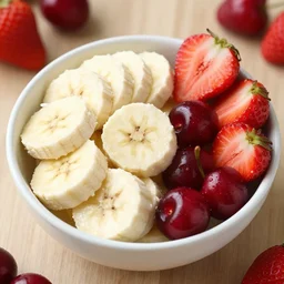 photorealistic image of a bowl of banana slices, strawberries and cherries