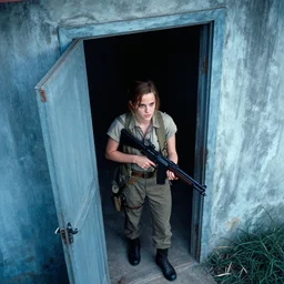film still, aerial view, extreme far view, emma watson vietnam door gunner, film still from apocalypse now ( 1 9 7 9 ), 2 6 mm, kodak ektachrome, blue tint expired film,