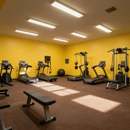 a fitness center, yellow walls, brown carpet, irregular rooms, fluorescent lights