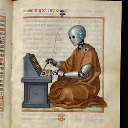 illuminated medieval manuscript featuring an illustration of a robot monk operating a console for a dimensional portal