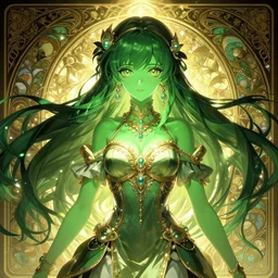 symmetry!!!!!! beautiful green skin anime summer princess close portrait, wearing ornate clothing, ultra detailed, elegant, intricate, anime, dynamic lighting, dnd, glowing lights, digital art, digital painting, artstation, wlop, sharp focus, illustration, art by artgerm and greg rutkowski and alphonse mucha, 8 k