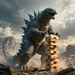 Photorealistic Godzilla destroying a Jenga tower