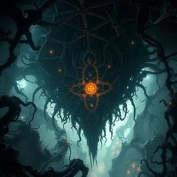 a terrifying artwork of an intricate space hive, complex structures, intertwined webs, darkness, satanic fractals, hazy, volumetric lighting, very detailed, horror, washed out colors, photorealistic, master level composition, raytracing
