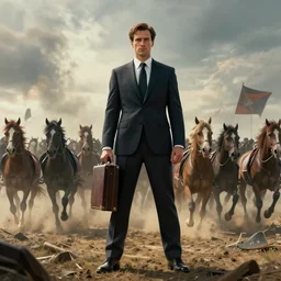 cinematic artwork of man with brown hair wearing a business suit on a battlefield holding a briefcase standing defiantly before a cavalry charge by Greg Rutkowski, 4k, masterpiece