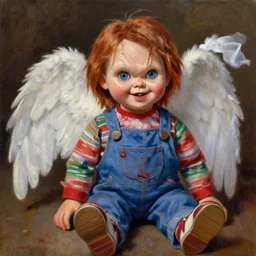 the doll chucky as an angel described in the bible, oil painting, by greg rutkowski