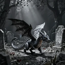 a small dragon walking in a cemetery, Tim Burton style, very dark, tones of gray, procreate digital drawing