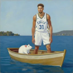 klay thompson on a boat in the bay with his white rat, oil on canvas by wayne thiebaud
