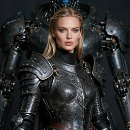 very detailed portrait of christine turlington as warrior of dark futuristic robotic world, by jan van eyck, hajime sorayama, mysticism, intricate, highly ornate dark trim armoury