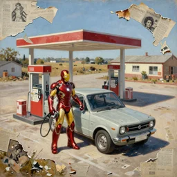 iron man filling up his damaged datsun at a desolate rural gas station, intricate, detailed, torn paper decollage, isometric, wide angle shot, oil on canvas by edward hopper, ( by mattias adolfsson ), by moebius