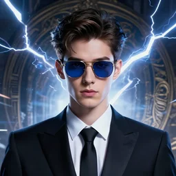 character concept portrait, symmetrical head-on centralized, Young man with blue-tinted sunglasses, formal black suit. Detailed, high quality, dynamic lightning, fantasy. Artwork by Artgerm, WLOP, Alex Ross, Greg Rutknowski, Alphonse Mucha