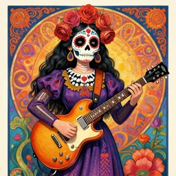 realistic detailed psychedelic poster art of a cute Día de los Muertos girl playing electric guitar by Victor Moscoso Rick Griffin Alphonse Mucha Ayami Kojima Amano Charlie Bowater, masterpiece