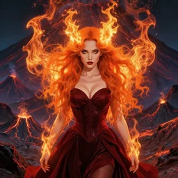 style artgerm, joshua middleton, peter mohrbacher, beautiful kristen bell with dark red dress, very long orange hair, symmetrical face, symmetrical eyes, fire powers fire swirling, detailed, volcano setting, cinematic lighting
