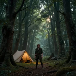 atmospheric cinematic artwork of Robin Hood at his camp in Sherwood forest, dusk, sun rays through the trees by Greg Rutkowski, 4k, masterpiece
