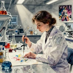 cyberpunk chemistry laboratory, women's fashion scientist, intricate watercolor painting by greg rutkowski, trending on pixiv, published in vogue magazine