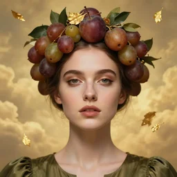epic close - up portrait of beautiful female face supermode symmetrical portrait wearing olive dress and dates fruit crown and golden tea leaves flying in sky by amy leibowitz, wlop, jeremy lipkin, beeple, intricate, artgerm, ilya kuvshinov, golden clouds background