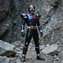 High Fantasy Kamen Rider standing in a rock quarry, single character full body, 4k, glowing eyes in helmet, rock quarry location, daytime, black rubber suit, pvc armor, dark blue with red secondary color armor, biomechanical inspired armor, ultra realistic, moody colors, ultra realistic, Beautiful Cinematography
