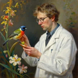 highly detailed oil painting of a a modern swedish biologist who studies colorful birds and flowers, very realistic, art nouveau, dramatic light,
