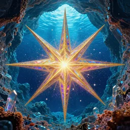 the most beautiful star system inside of a crystal clear underwater cave,, coherent design, symmetrical, concept art, vivid color, complementary color, golden ratio, detailed, sharp lines, intricate, rainbowshift, by sahm, octane render