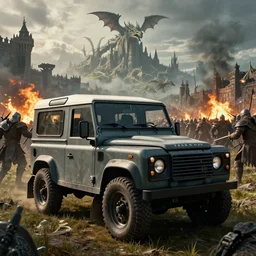 Land Rover Defender 110 (1985), an epic fantasy, dramatic lighting, cinematic, establishing shot, extremely high detail, photorealistic, cinematic lighting, artstation, by simon stalenhag, The Elder Scrolls V: Skyrim, Whiterun Hold, Dragonsreach in the distance, Battle for Whiterun, Stormcloaks vs Imperials, Swarms of Stormcloaks and Imperials fighting eachother, Intense fighting, Whiterun city burning, Skyrim Civil War