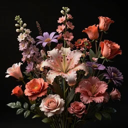 beautiful different types of flowers, volumetric dramatic light, dark black background, sharp focus, highly realistic, octane render, art by greg rutsowski