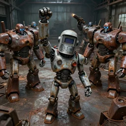 a realistic crazy robot wearing a welding helmet, welding helmet head, one fist raised high in triumph, raised fist, standing in front of many large robots inside a huge rusty dingy warehouse, army of big robots, raygun gothic, atomic punk, digital art, detailed render, high angle