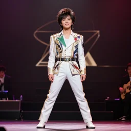 a japanese idol singer on stage in the 1 9 7 0 s, live venue, professional photography, highly detailed, perfect symmetry!!, artstation, realistic face and anatomy, by thomas kinkade and greg rutkowski