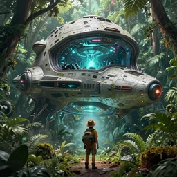 a curious explorer discovers a massive abandoned alien spaceship deep in the jungle. mysterious bioluminescent light is emitted from deep inside the ship. concept art by neil blevins, jorge jacinto, stephan martiniere. trending on behance. matte painting, detailed, 4 k, behance contest winner
