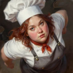 highly detailed oil painting, masterpiece portrait good looking fat woman cook, with clothes, fantasy character portrait, dynamic pose, above view, top lighting, realistic shaded, perfect face, 8 k realistic, hyper detailed, digital painting, artstation, concept art, hyper detailed eyes, cinematic lighting, dynamic pose, above view, perfect eyes
