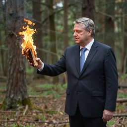 viktor orban in a forest, holding a burning wood piece, by gustave courbet