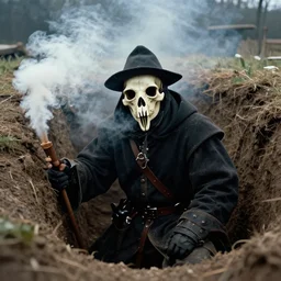 smoke,!!! colored photography, wwi a medieval wearing plague doctor plague doctor bone mask over a dug out trench, dramatic light, zdzidaw, ultrafine, hyperrealistic, 3 2 k, 3 5 mm film still, movie