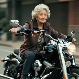 a beautiful portrait photo of old grandmother riding on a Harley Davidson bike, cinematic masterpiece