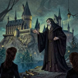 Discworld \'s Death is teaching in Hogwarts, fantasy concept art by Jim Kay