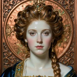 face centered portrait, artwork by james jean, hyperdetailed realistic smooth polished porcelain, beautiful ukrainian queen, jean delville, art nouveau, gustav klimt, ornate copper patina gothic icon, james jean, ultrasharp hyperdetailed photorealistic octane render
