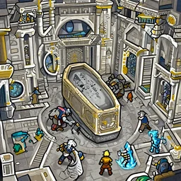 a giant room with bright white walls, a sarcophagus in the middle of the room two golems fighting a three small adventurers, a dragonborn and a water elemental, fantasy, digital art
