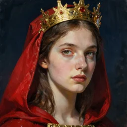 woman with a red cloak and a gold crown, extreme fine detail background, night, highly detailed, high quality, digital painting, hyperrealistic, by hugh kretschmer and paolo roversi