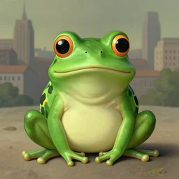 cute frog with city in background by René Magritte, detailed, 4k