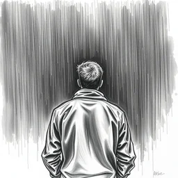 the drawn man in jacket looks out into the black endless distance in the rain. pencil sketch