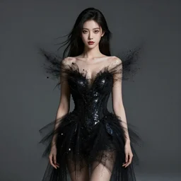 beautiful girl in a dress made of black iridescent dust, beautiful portrait, symmetrical, character concept style trending on artstation concept art detailed octane render cinematic photo - realistic 8 k high detailed