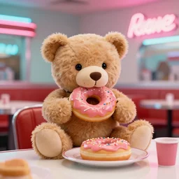 a teddy bear eating a donut at a 1950s neon diner