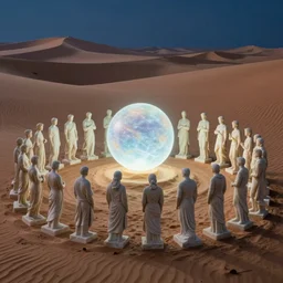 simplicity, desert dunes at nights, a luminescent sphere floating in the middle, marble sculptures of a crowd people surrounding it, ultra detailed, ethereal, by miles johnston, by william godward, by moebius, by simon stalenhag, by gustave dore, by andrew jones, by pekka halonen, by beeple, volumetric lighting,