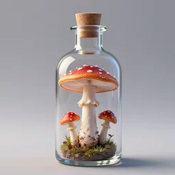 a 3D Render of a clear glass bottle, amanita muscaria mushroom floating inside, Octane, 4k, unreal engine,