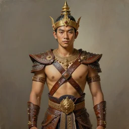 tai male dresses king ramkhaheang of sukhothai, close portrait, historical, ethnic group, traditional tai costume, sukhothai headset, leather shoulder armor, fantasy, intricate, with leather armor cross onbare chest, elegant, loin cloth, highly detailed, oill painting, artstation, concept art, matte, sharp focus, illustration, hearthstone, art by earl norem