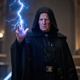 emperor palpatine, joe biden!! in star wars as emperor palpatine! movie still, cinematic lighting, wearing hooded black robe, unlimited power, ray tracing, octane render, long lens, shallow depth of field, bokeh, 8 k, hyper detailed, 3 5 mm film grain, arcing lightning coming from his fingertips, force lightning!