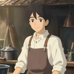 an anime portrait of charlie day as a blacksmith, outside workshop, anime soft shaded, studio ghibli, smooth, clean lines