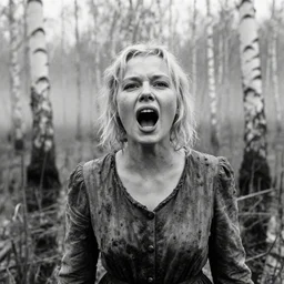 1 9 6 0 s movie still close - up portrait of a blonde woman in a dirty dress yelling in a swamp with birch forest, snow, cinestill 8 0 0 t 3 5 mm b & w, heavy grain, high quality, high detail, mud, fog, by tarkovsky