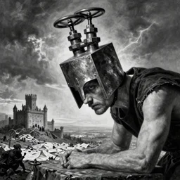 metal valves on head punishment, lean man, metal cube helmet, distant landscape covered in sheets, castle, black and white, carravaggio, giger, beksinski, bruegel, horror