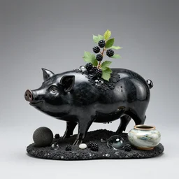 a pig - berry sculpture, blackberries, ikebana, pig motif, obsidian and glass and pumice and japanese glazed pottery, zen,